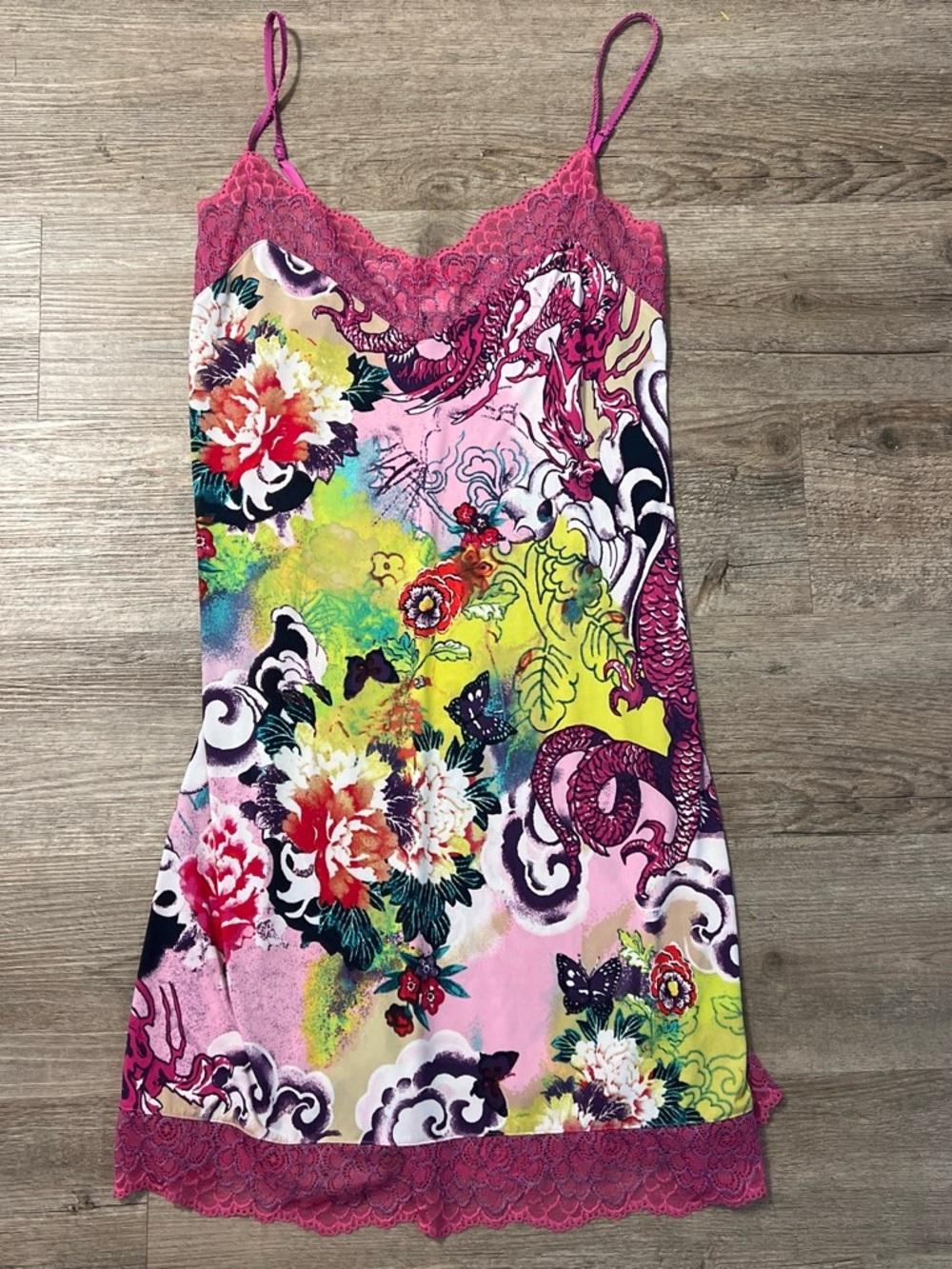 Josie vintage Y2K pink floral dragon print babydoll chemise slip dress size s - Picture 2 of 6